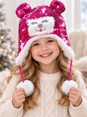 Toby Girls Pink Sequin Faux Fur Polar Bear Pom Pom Winter Hat